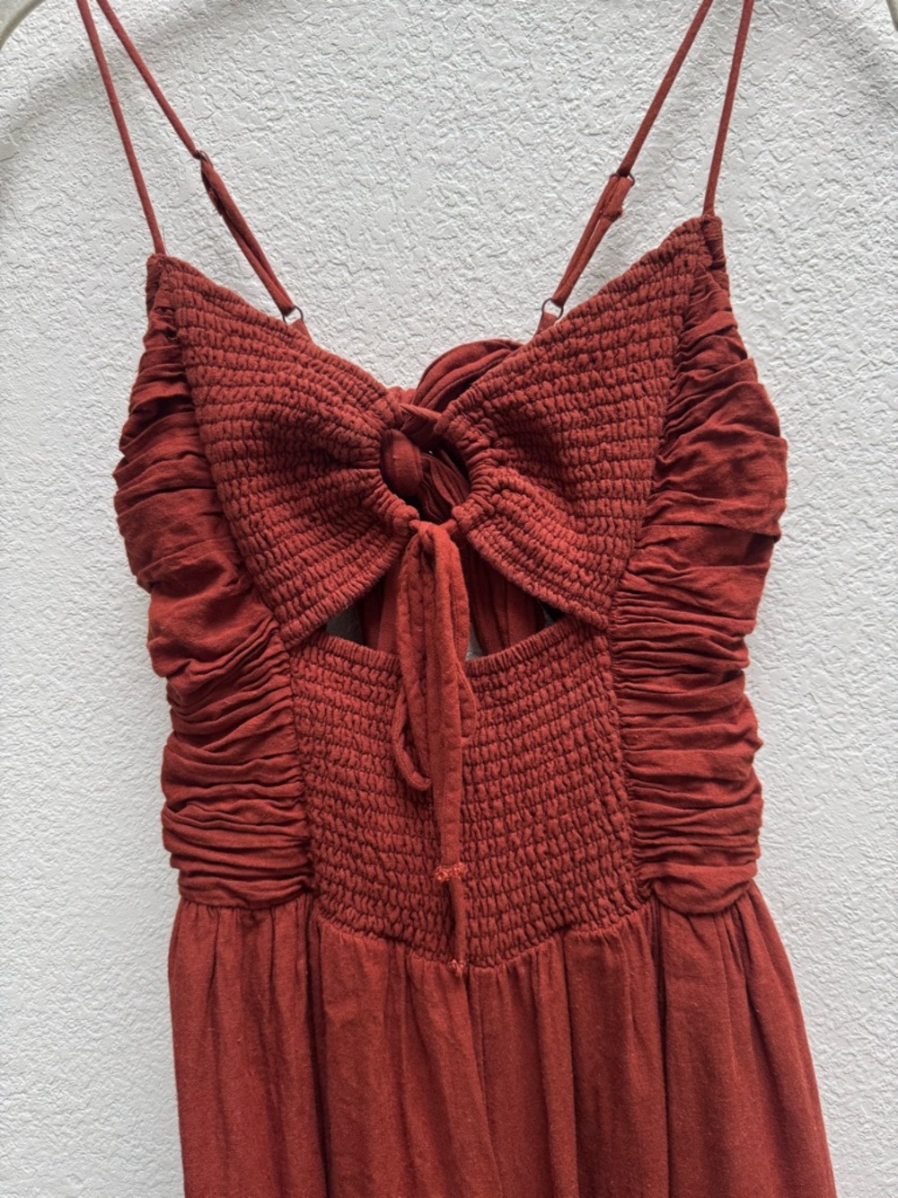 Free People Rust Brown Smocked Bodice Wide-Leg Jumpsuit - Picture 4 of 12